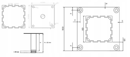 4 x Aluminiowa nóżka ryflowana stopka meblowa regulowana z płytką FEST 60x60 mm - Alu