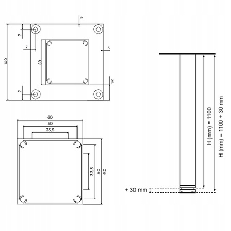 4 x Aluminiowa noga meblowa do stołu regulowana FEST 60x60 mm - alu
