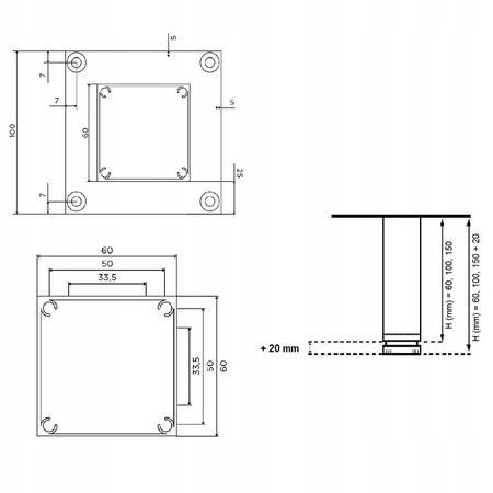 1 x Aluminiowa nóżka stopka meblowa regulowana z płytką FEST 60x60 mm - Alu