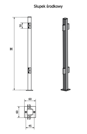 Aluminiowy słupek do mocowania plexi/szkła środkowy alu - Konfigurator na wymiar