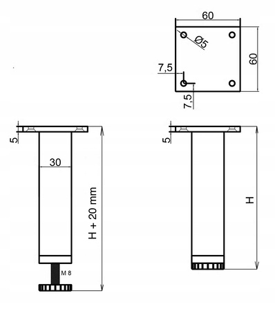 1 x Aluminiowa nóżka stopka meblowa regulowana FEST 30x30 mm - Alu