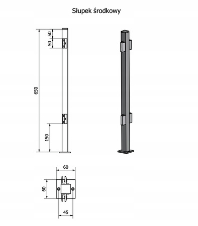 Aluminiowy słupek do mocowania szkła/plexi - środkowy